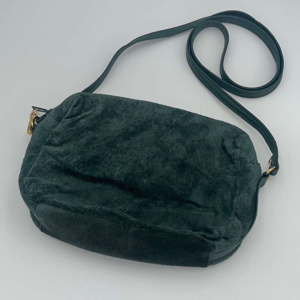 Dark Green Suede Leather Shoulder Purse w/ Man Made Trim